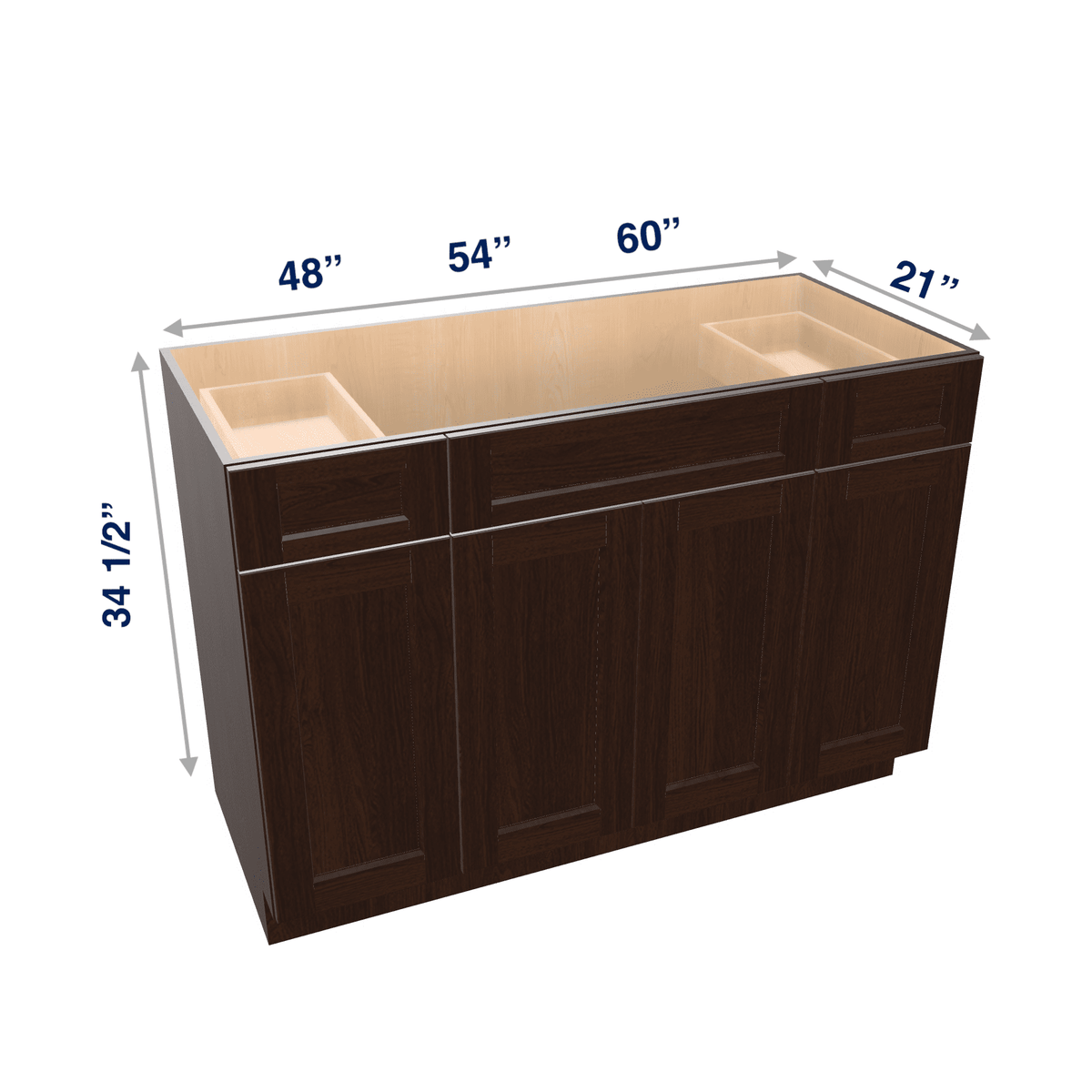Espresso Assembled Vanity Combination Base Cabinets 48" - 60" Wide 4 Door with Drawers