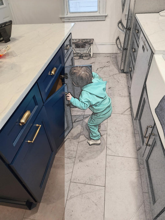 Child reaching into a kitchen cabinet with a cartoon overlay of the same scene.