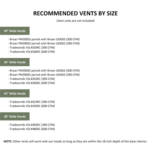 Haven Harbor Hood WIL 3V Wilmington Angled Walnut Band Smooth Wood - recommended vent sizes chart